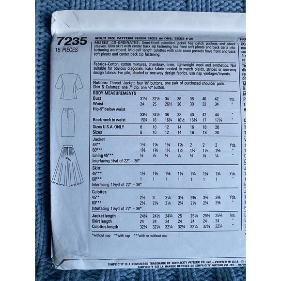 Simplicity 7235 pattern blazer pencil skirt culottes split skirt size 8-20 - Picture 4 of 5